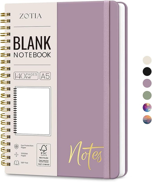 Blank Spiral Journal Notebook for Women, A5 Blank Notebook Journals for Writing, Hardcover Notebooks for Work, Note taking and Office School Supplies,140 Pages - Purple