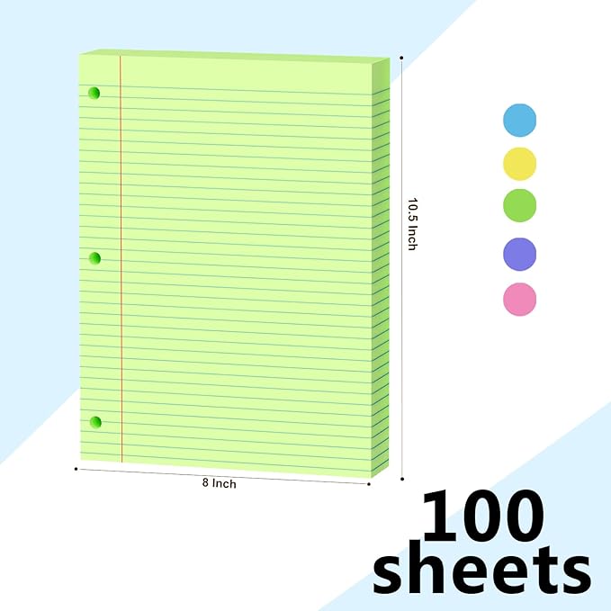 Green Loose Leaf Paper 200 Sheets Colored Filler Paper 2 Pack 8 * 10.5 College Ruled Paper 3-Hole Punched Paper for 3-Ring Binders Notebook Lined 8" x 10.5"