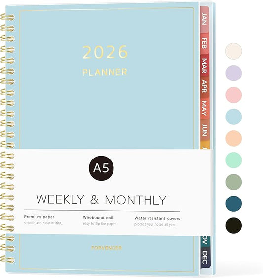 2026 Planner, Forvencer Calendar Planner Weekly and Monthly (Jan 2026-Dec 2026), 6" X 8", Agenda Book, Daily Journal Notebook with Tabs, Flexible Cover, Home School Organizer, A5, Light Blue