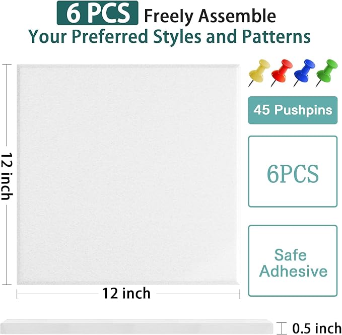 Felt Cork Board for Wall: Extra Large Bulletin Board for Office - 0.5 Inch Thick Corkboard Tiles 6 PCS White Pin Board Squares Adhesive