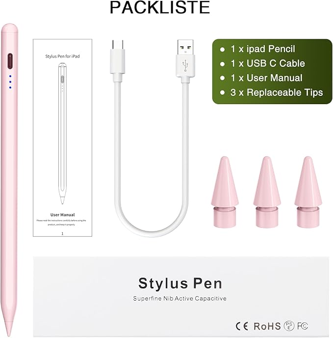 Pen for iPad 2018-2025, HATOKU 15 Mins Fast Charging Pencil 1st Gen with Tilt & Palm Rejection Compatible with iPad Air 3/4/5/M2/M3, iPad mini 5/6/7, iPad 6/7/8/9/10/11, iPad Pro 11"/12.9"/M4/M5(Pink)