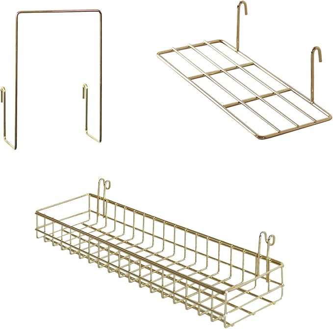 FRIADE Gold Grid Basket with Hooks,Bookshelf,Display Shelf for Wall Grid Panel,Wall Mount Organizer and Storage Shelf Rack for Home Supplies,1 Set of 3 (Gold)