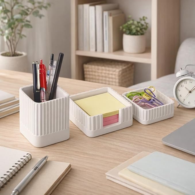 Aesthetic Concrete Desk Organizer Set of 3 - Stylish & Durable Office Accessories - Includes Pen Holder, Paperclip Storage, and Sticky Note Holder for a Clean, Modern Workspace (White)