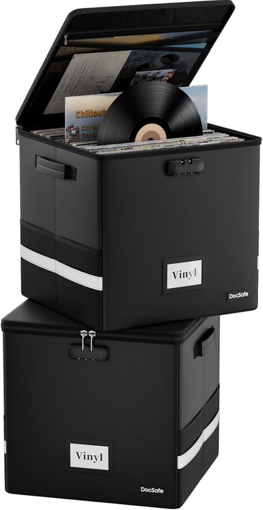 DocSafe Vinyl Record Storage Box with Lock,Fireproof Record Organizer Storage for 100+ Single Records(12-inch), Collapsible Storage Crate with Lid & Handles for Valuable Album Collection,Black,2 Pack