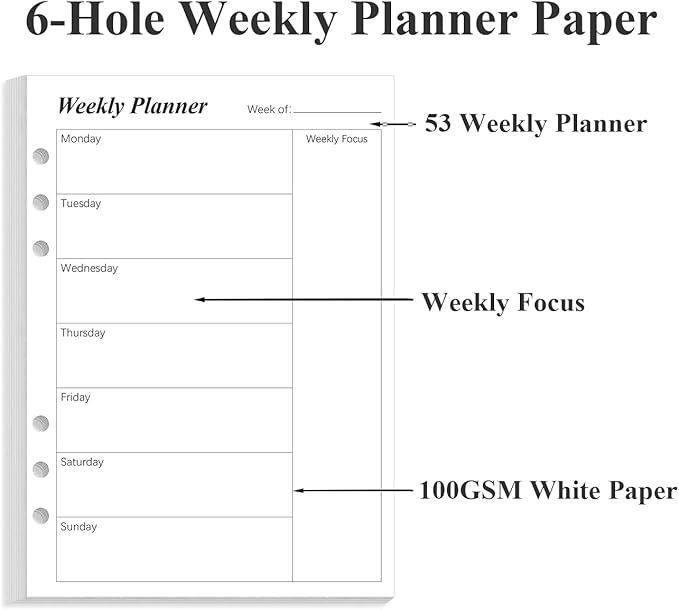 (2-Pack) Weekly Planner Refills for A5 Binders - 106 Sheets/212 Pages Undated Weekly Planner, 6-Hole Punched, 100 gsm White Paper, Lasts 1 Year, Undated, 5.8" x 8.3", Black
