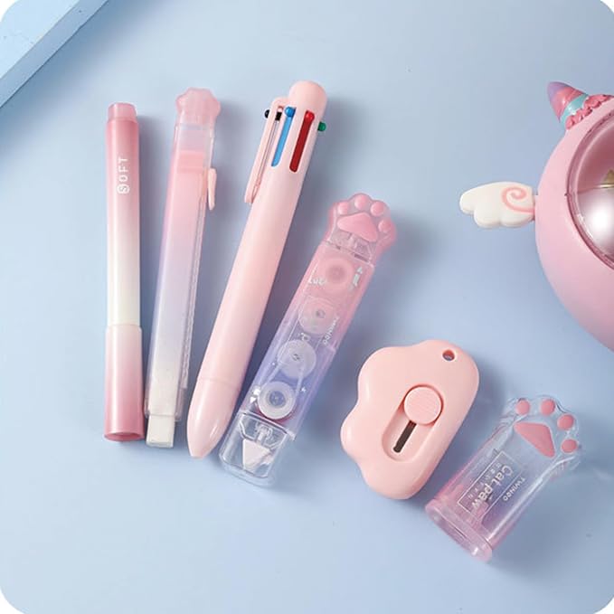 9 Pcs Cute Pink Stationery Set Cat Paw School Supplies Kawaii Office Supplies Including Pens Pencil Sharpener Highlighter Eraser Correction Tape Ruler Utility Knife (Cat Paw-Pink)