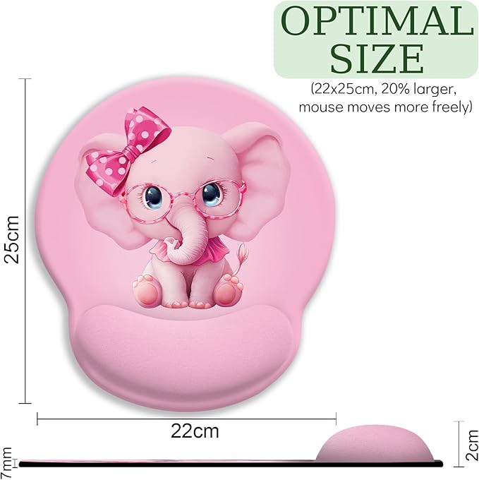 Ergonomic Mouse Pad with Gel Wrist Rest, Non-Slip PU Base & Cute Pink Elephant Design for Comfortable Office, Gaming, Home Use - Valentine's Gift for Her