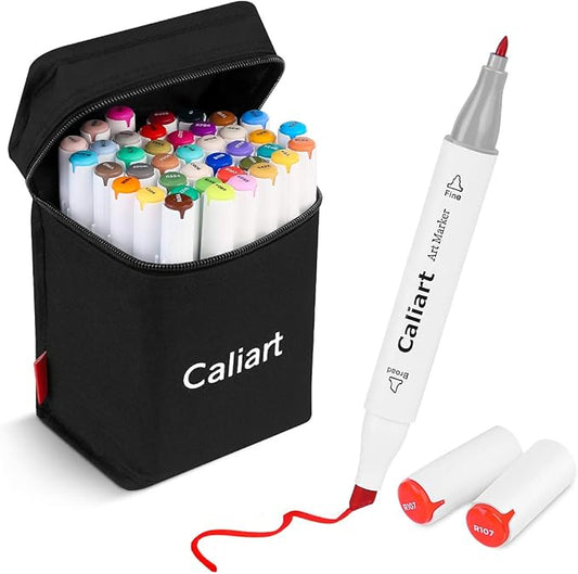 Caliart Art Markers, 41 Colors Alcohol Based Markers Pen Set Colored Dual Tip Fine & Chisel Permanent for Adults Coloring Book Drawing Illustration Sketch Highlighters Card Making