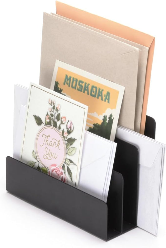 Desktop Mail Organizer – 3-Slot Black Metal Letter Holder and Bill Sorter for Office and Home