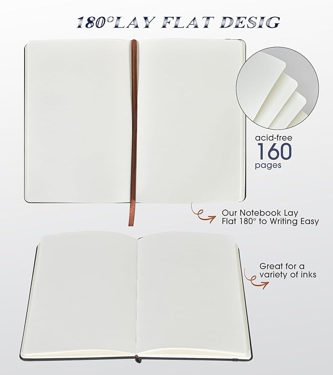 Biuwory Blank Journal Notebook for Women Men, Hardcover Leather Sketchbook 5.7"×8.3", 160 Pages Unlined Sketch book for Drawing, Writing, Travel, School & Work, Journaling Notebooks (Black)