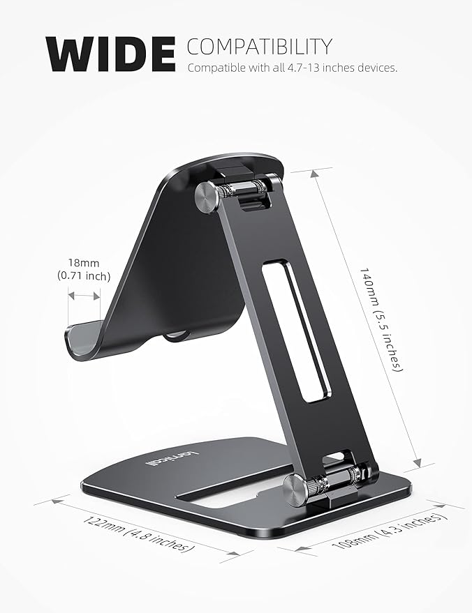 Lamicall Adjustable Tablet Stand Holder - Foldable Phone Dock, 360°Rotating Desktop Tablet Mount Gifts, for 4.7-13" Tablets, iPad Pro 11, 12.9 Air Mini, Tabs, Kindle, iPhone Air 17 Pro Max, Black