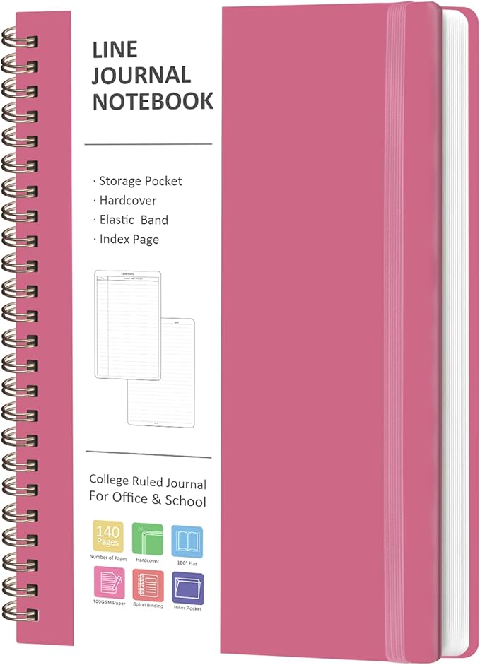 VALOME Journaling Notebooks, A5 Lined Spiral Notebook for Women & Men, 146 Pages College Ruled Hardcover Note Book for Work, Note Taking, Journaling, School, Writing (Rose Pink)