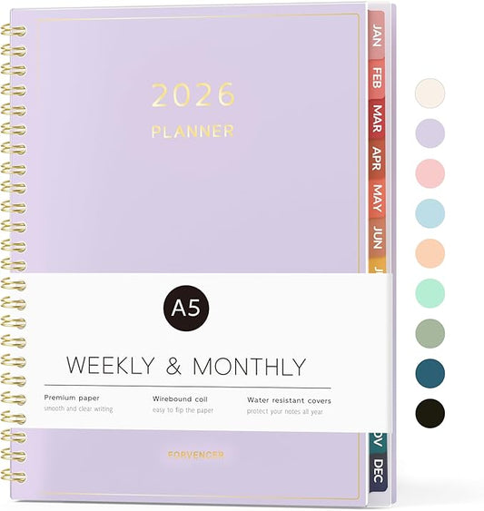 2026 Planner, Forvencer Calendar Planner Weekly and Monthly (Jan 2026-Dec 2026), 6" X 8", Agenda Book, Daily Journal Notebook with Tabs, Flexible Cover, Home School Organizer, A5, Purple