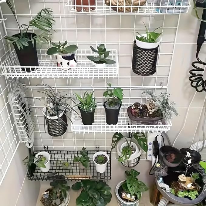 4 Pack 15.75 x 6 x 2.36 Inch Metal Grid Wall Baskets with Hooks, Hanging Wire Grid Basket, Multi-Function Wall Mounted Organizer for Kitchen Organizing Display, Black