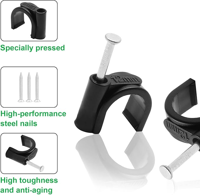 100pcs 1/2" / 12mm Half Clamp J-Hook with Nail, Nail in Cable Clips Ethernet Cable Nails Tacks Clips, Black