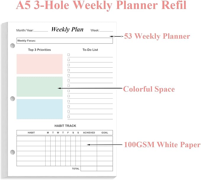 Half Letter Size Weekly Planner Refills for 3 Ring Mini Binders - 53 Sheets/106 Pages Undated Colorful Weekly Planner, 100 gsm White Paper, Lasts 1 Year, Undated, 5.8" x 8.3"