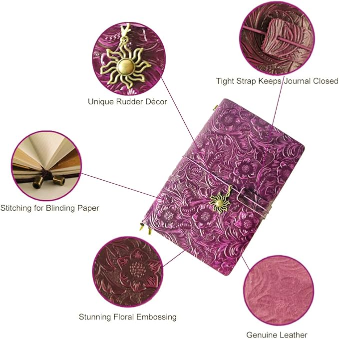 Refillable Leather Journal, Handmade Notebook with Bookmark for Men & Women, Vintage Notebook perfect for writing, gifts, travelers (Purple, A5)
