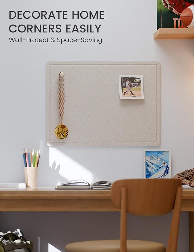 Fluxynara Bulletin Board, 23.6" x 17.5" Cork Board Alternative with 12 Safe Removable Adhesive Tabs, Foldable Felt Pin Board for Home Office, Classroom, Bedroom,Entryway for Walls— Oatmeal