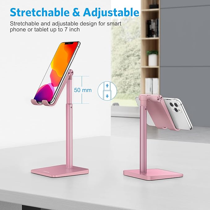 Cell Phone Stand, OMOTON Adjustable Angle Height Desk Phone Dock Holder for iPhone Air/17 Pro Max/XS Max/XR, Samsung Galaxy S20 / S10 / S9 / S8 and Other Phones (3.5-7.0-Inch), Rose Gold