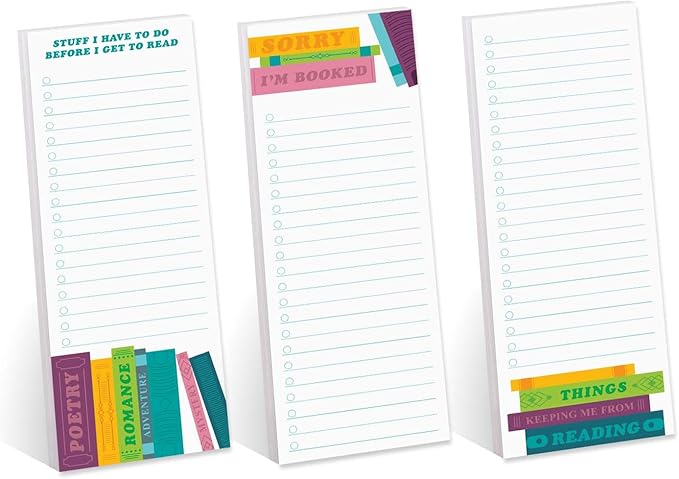Book Lover Sticky Note Checklist Assortment/Set of 3 Colorful to Do Note Pads / 3" x 8" Bookworm Task Trackers / 50 Sheets Per Pad/Made in USA
