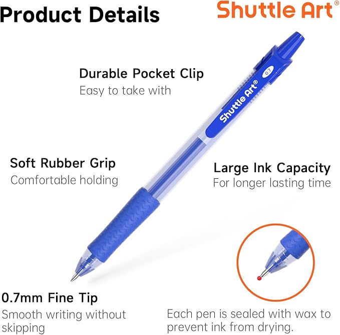 Shuttle Art Blue Gel Pens, 20 Pack Retractable 0.7mm Medium Point Rollerball Blue Ink Pens Smooth Writing with Comfortable Grip for Writing Journaling Taking Notes Office School Home