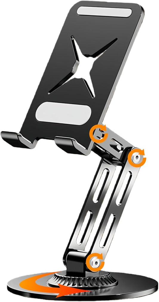 All-Metal Cell Phone Stand 360° Rotatable & Height Adjustable - 25KG Super Load-Bearing, Foldable Desk Stand for Phone & Tablet, Compatible with iPhone 17/16/15/14, Nintendo Switch (Black)