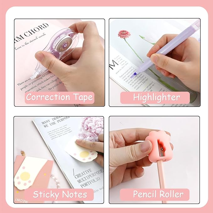 19 PCS Cute Cat Paw Stationery Set, Cartoon Mini Pencil Roller, Kawaii Magnetic Bookmarks, Correction Tape, Eraser, Multicolor Pens, Ruler, Highlighters Sticky Notes for Cat Lovers