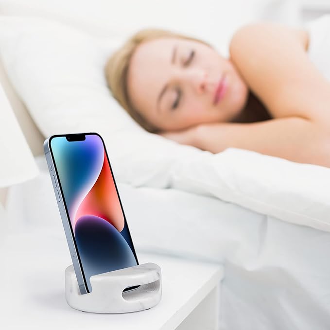 Elegant and Versatile White Marble Phone Stand with Sound Amplified Output iPhone Phone Holder Function for Office Desk,Kitchen Counter,Bathroom,and Bedside