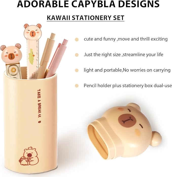 Capybara Stationery Set,Cute Capybara School Supplies,Stationary Gift Set, Japanese Stationery Birthday GIFS, Includes Pencil Sharpener,Eraser, Correction Tape, Ruler, for Office School Supplies