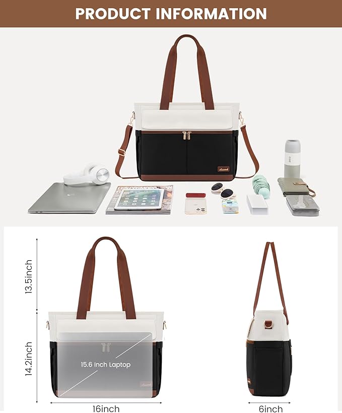 LOVEVOOK Teacher Tote Bag for Women, 15.6 Inch Laptop Bag with Inside Large Cup Pocket, Large Capacity&Multi-Pockets Nurse Work Bag, Professional Briefcase Business Purse Handbag Gifts, Black Brown
