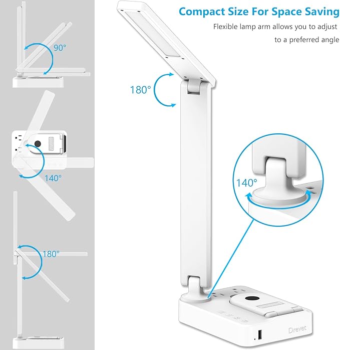 Drevet LED Desk Lamp with Wireless Charger, Desk Table Light with USB Charging Port and 2 Outlets, 3 Lighting Modes, 3 Level Brightness, 1H Timer, Touch Control, Eye-Caring Home Office Lamp, White