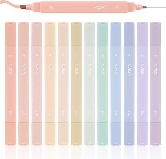 YISAN Pastel Highlighter Pens,Double Tip 12 Colors Bible Highlighter Markers no bleed,70924