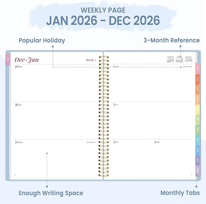 2026 Planner, Annecy Weekly ＆ Monthly Planner 2026, Jan. 2026 – Dec. 2026, 8.5" x 11" Monthly Agenda Planner with Tabs, Waterproof Flexible Cover, Spiral Binding, Double-sided Pocket, Bookmark, Blue