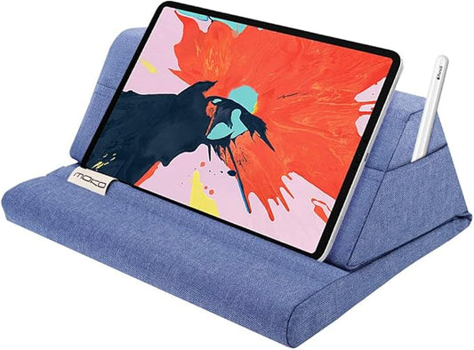 Moko Tablet Pillow Stand, Soft Bed Pillow Holder Xmas Gift for up to 11" Pad, Fits iPad 10.2"(9th Gen), New iPad mini 6 8.3" Air 4/3, iPad Pro 11/10.5/9.7, Mini 5 4, Galaxy Tab S6/S7 11", Denim Blue