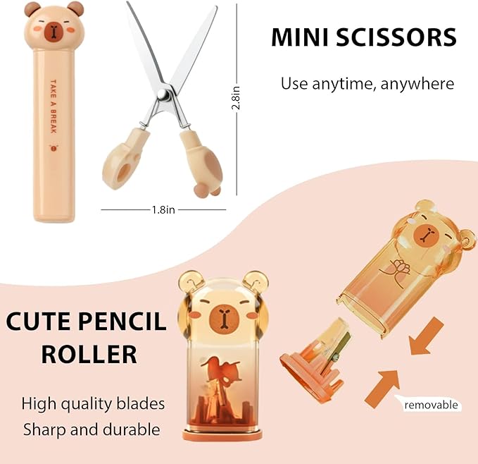 Capybara Stationery Set,Cute Capybara School Supplies,Stationary Gift Set, Japanese Stationery Birthday GIFS, Includes Pencil Sharpener,Eraser, Correction Tape, Ruler, for Office School Supplies