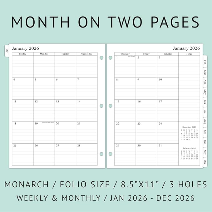 newestor 2026 Weekly Planner Refills for 3-Ring Binder with Monthly Tabs, Two Pages Per Week, 8-1/2" x 11", Folio Size 5 / Monarch