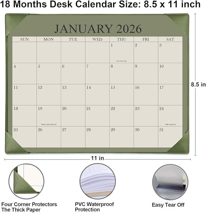 Desk Calendar 2026 with Desktop Mat, 18 Month Small Desk Pad Calendar from January 2026 to June 2027, 8.5" x 11" Desk Pad Calendar 2026 for Home, School Office, Cyan