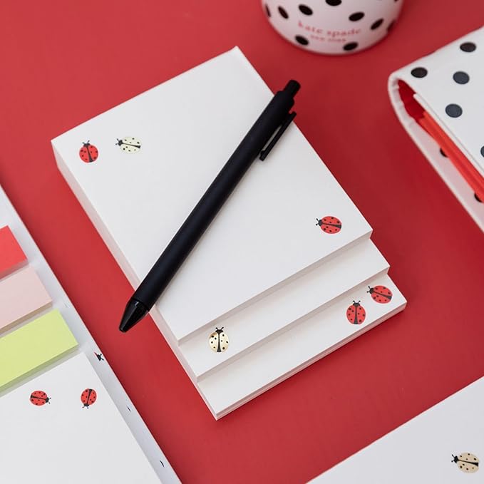 kate spade new york Stacked Notepad Assorted Sizes, Includes 3 Cute Notepads with 75 Sheets Each, Colorful Pads of Paper for Desk Notes (Ladybug Dot)
