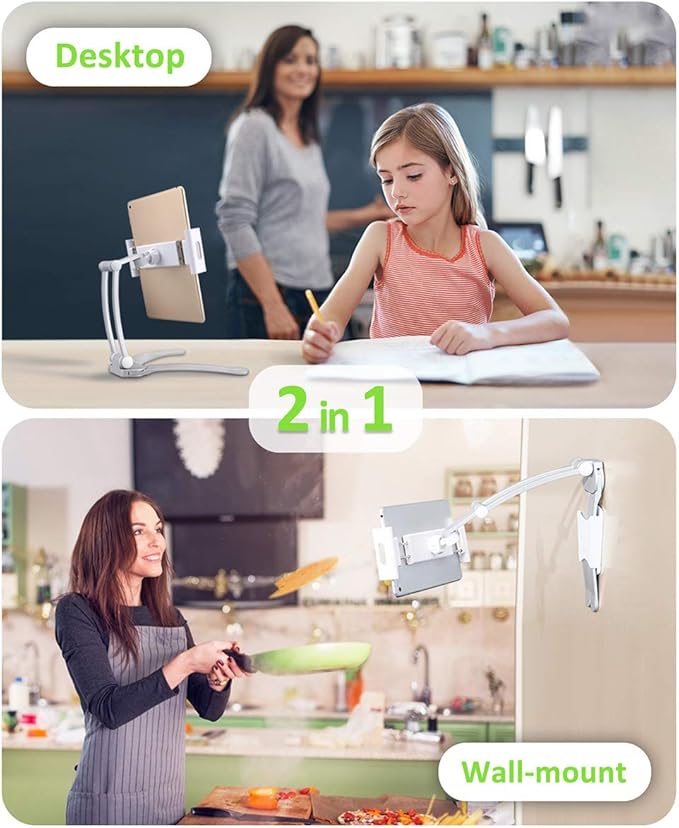AYADA Kitchen Cabinet Tablet Holder, 2 in 1 Wall Mount Desktop Stand for ipad 12.9 Aluminum Alloy Metal Adjustable Multiangle Foldable Universal Phone Tablet Bracket Cooking Table Counter Top (Silver)