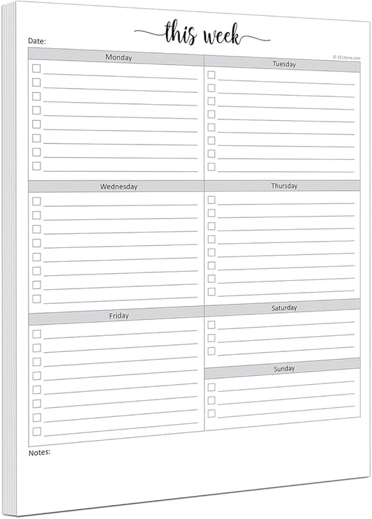 321Done Weekly Checklist Planning Pad - 50 Sheets (8.5" x 11") - This Week to Do Notepad Tear Off, Desktop Planner Large Letter-Size - Made in USA - Simple Script