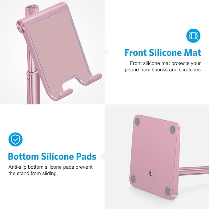 Cell Phone Stand, OMOTON Adjustable Angle Height Desk Phone Dock Holder for iPhone Air/17 Pro Max/XS Max/XR, Samsung Galaxy S20 / S10 / S9 / S8 and Other Phones (3.5-7.0-Inch), Rose Gold