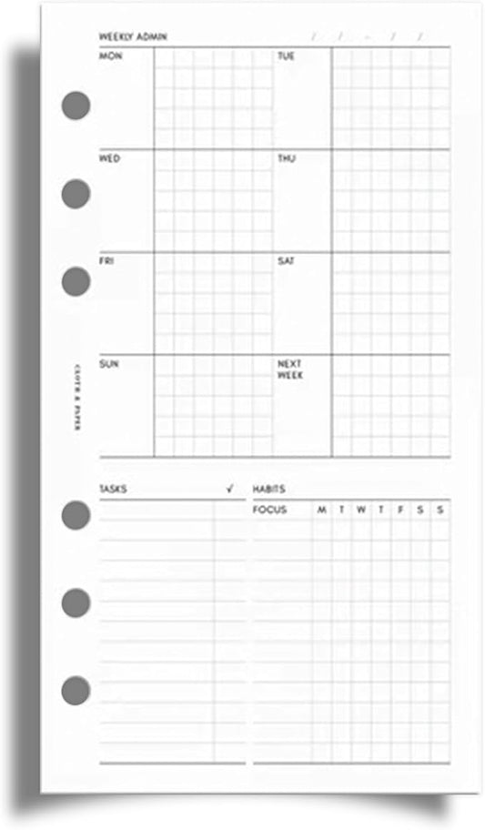 Cloth & Paper Weekly Admin Planner Inserts | Personal Size 3.75 x 6.75 Inches | 6 Ring Punch | Minimalist Monday Start Layout | Weekly Task List & Habit Tracker Refill for Personal 6 Ring Agendas