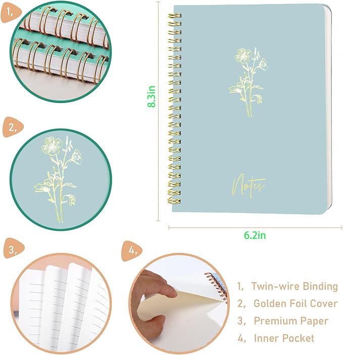 Spiral Journal Notebook for Women,A5 Aesthetic Notebook, 8"X6" college-ruled writing journal, cute notebook suitable for work notebooks, school notebooks and bible journal