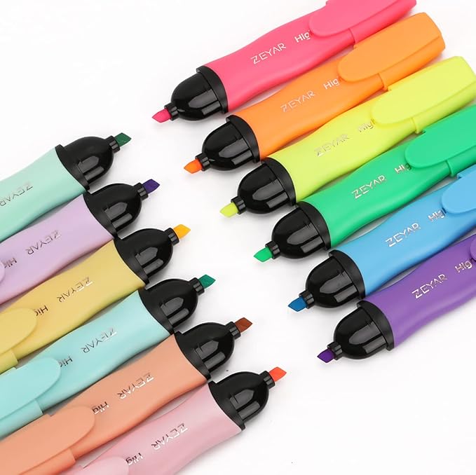 ZEYAR Aesthetic Highlighter Pen, Chisel Tip Marker Pen, AP Certified, Assorted Colors, Water Based, Quick Dry, Cute Highlighters, Patented Product (6 Macaron Colors & 6 Candy Colors)
