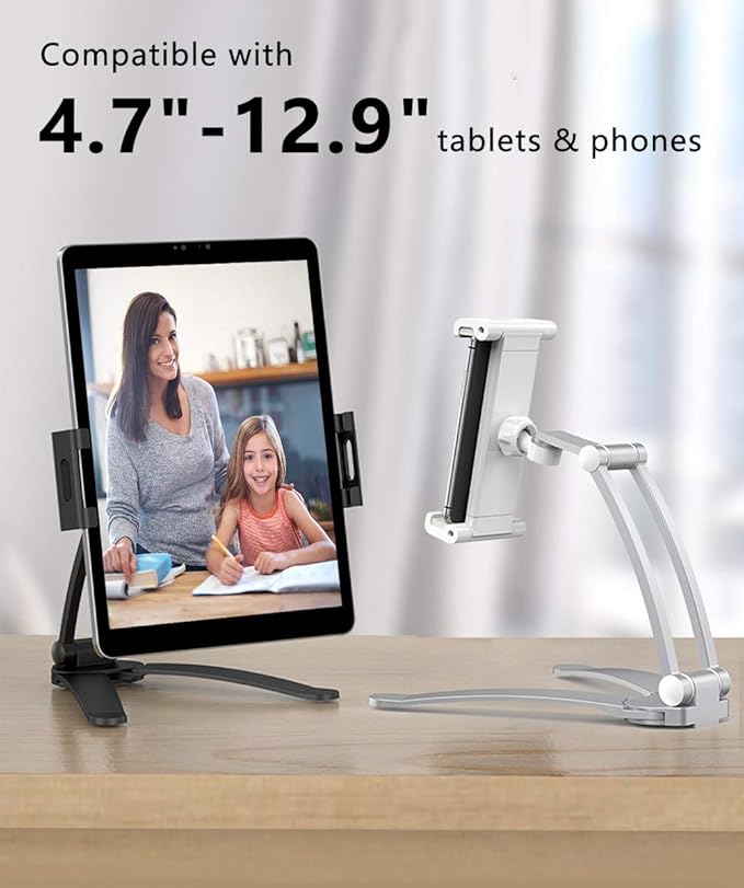 AYADA Kitchen Cabinet Tablet Holder, 2 in 1 Wall Mount Desktop Stand for ipad 12.9 Aluminum Alloy Metal Adjustable Multiangle Foldable Universal Phone Tablet Bracket Cooking Table Counter Top (Silver)