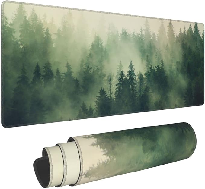 Green Forest Pine Fog Mountain Tree XXL XL Large Gaming Mouse Pad for Desk, Non-Slip Long Extended Keyboard Pads Mousepad Rubber Table Mat 31.5 X 11.8 Inch