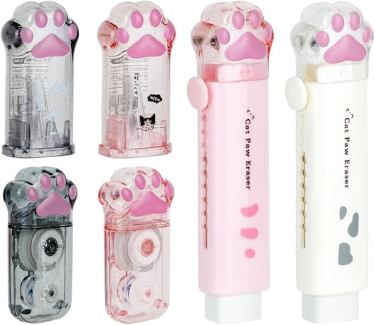 6 Pcs Cat Paw Stationery Set, Kawaii School Supplies, Including 2 Cute Pencil Sharpeners, 2 Retractable Eraser and 2 Correction Tape for Kids Office School Home (6Pcs)