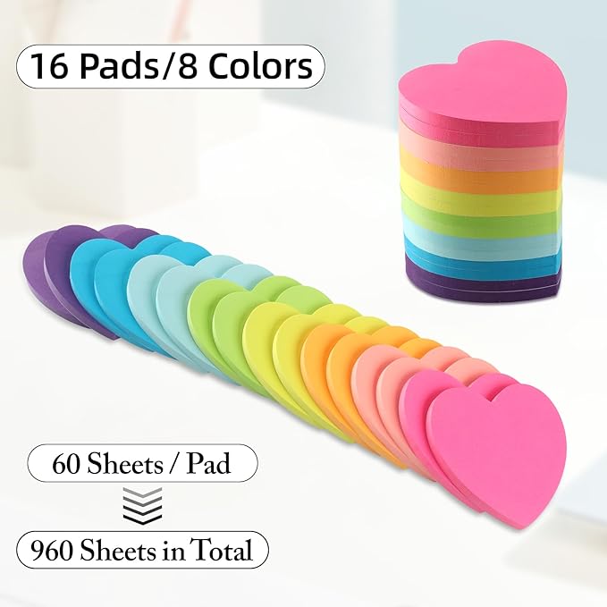 Heart Sticky Notes 8 Colors 60 Sheets/Pad, 960 Sheets Colorful Self-Stick Note Pads Stationary Cute Desk Accessories Office School Teacher Supplies Teacher Valentine Gift Accessories for Coworkers
