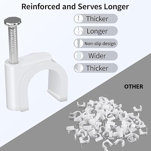 LeMotech 200pcs Cable Clips 5/6/8/10mm Cable Nail Clips Cable Tacks Coaxial Nail Clamps for Cable Cord Management RG6 RG59 CAT5 CAT6 RJ45 Electrical Ethernet Coaxial Clamps, White