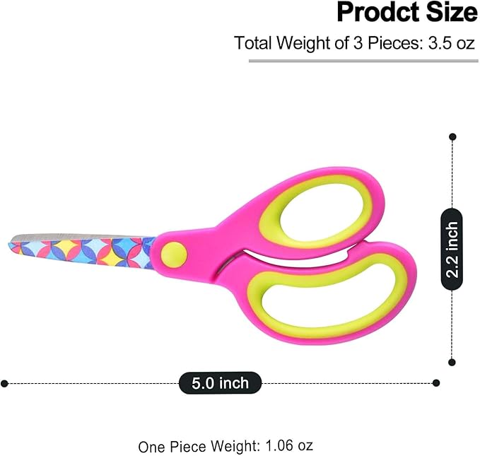 Kids Scissors Set, Safety Children Scissors with Blunt-Tip Floral Print Blade and Soft Grip, Great for DIY, Arts, Home, School Classroom Use, Blue/Purple/Yellow